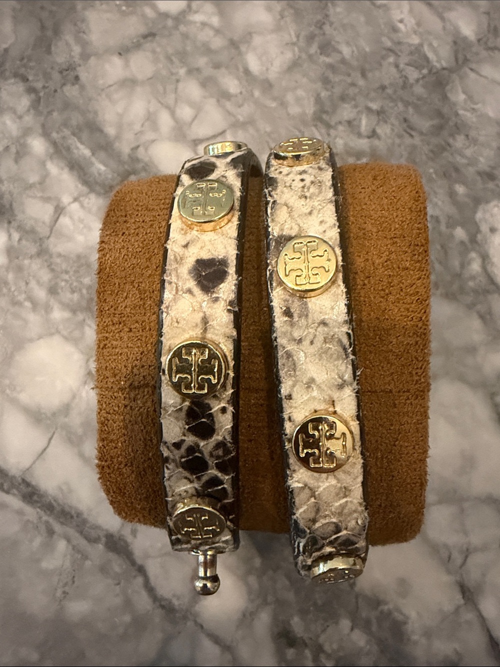 Tory Burch Gold-Accent Snake Print Leather Wrap Bracelets